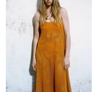 Zara Mustard Crochet Mesh Slip Dress